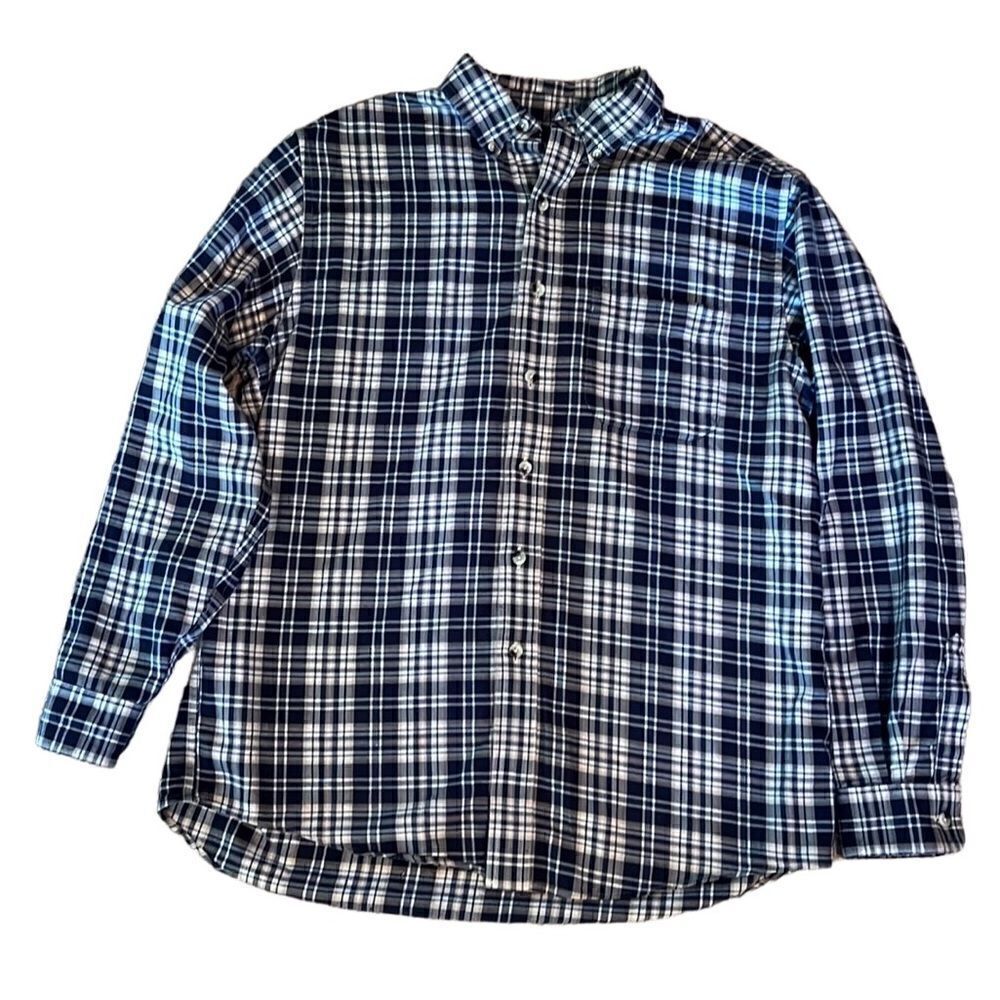 LL Bean Men’s Medium 100% Cotton Navy Tan White Plaid Long Sle Button Down Shirt